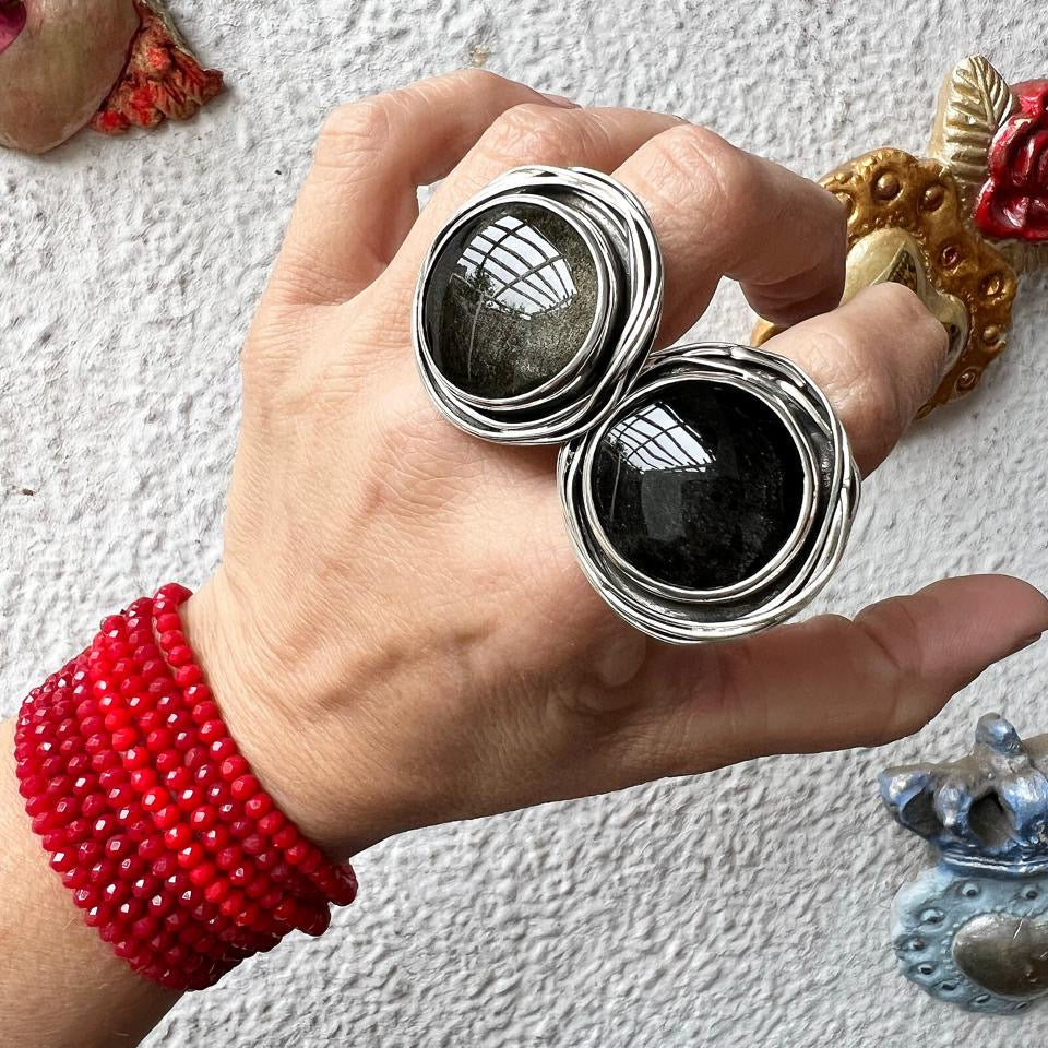 Anillo Nido Obsidiana Dorada