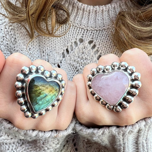 Anillo Corazón Flor XL Cuarzo Rosa
