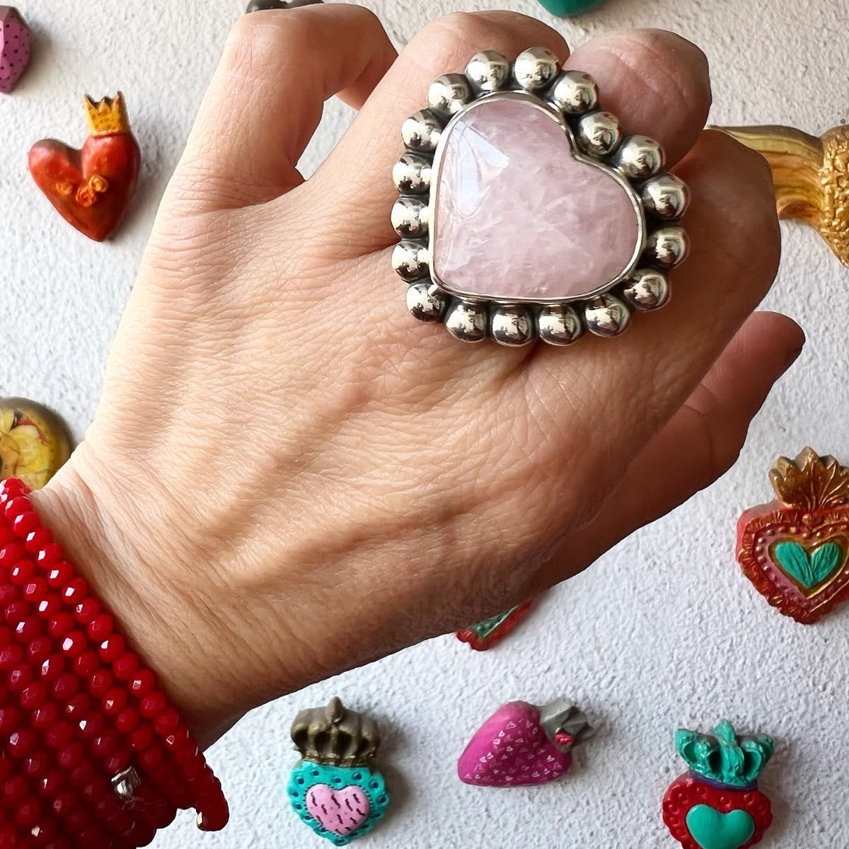 Anillo corazón flor XL Cuarzo rosa