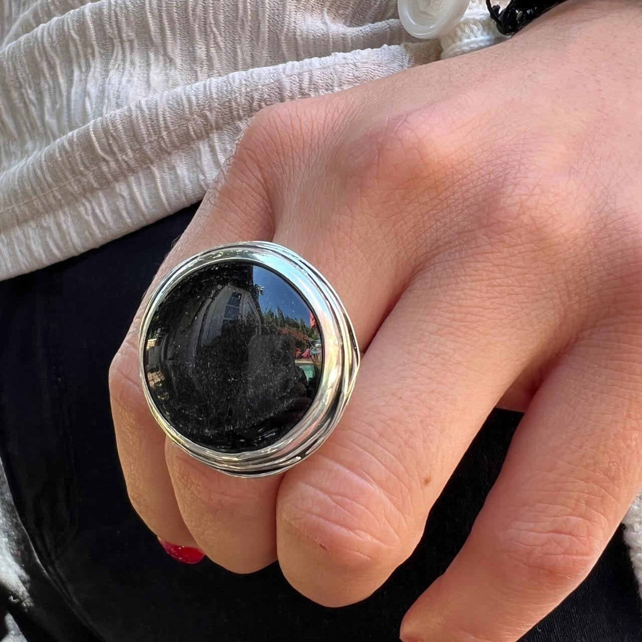 Anillo Nido Obsidiana Plateada