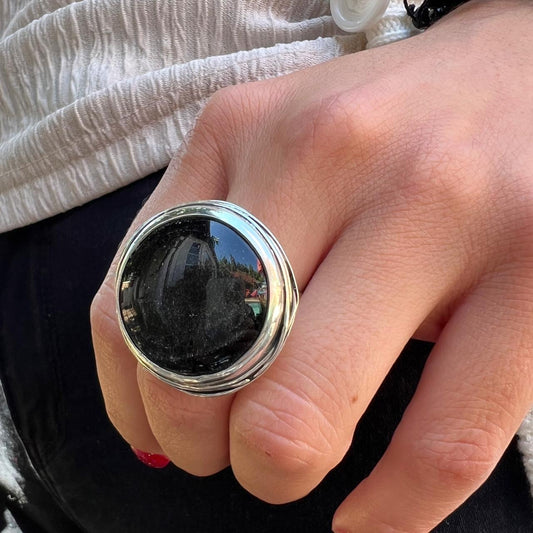 Anillo Nido Obsidiana Plateada