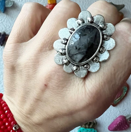 Anillo Flor Cuarzo Turmalinado