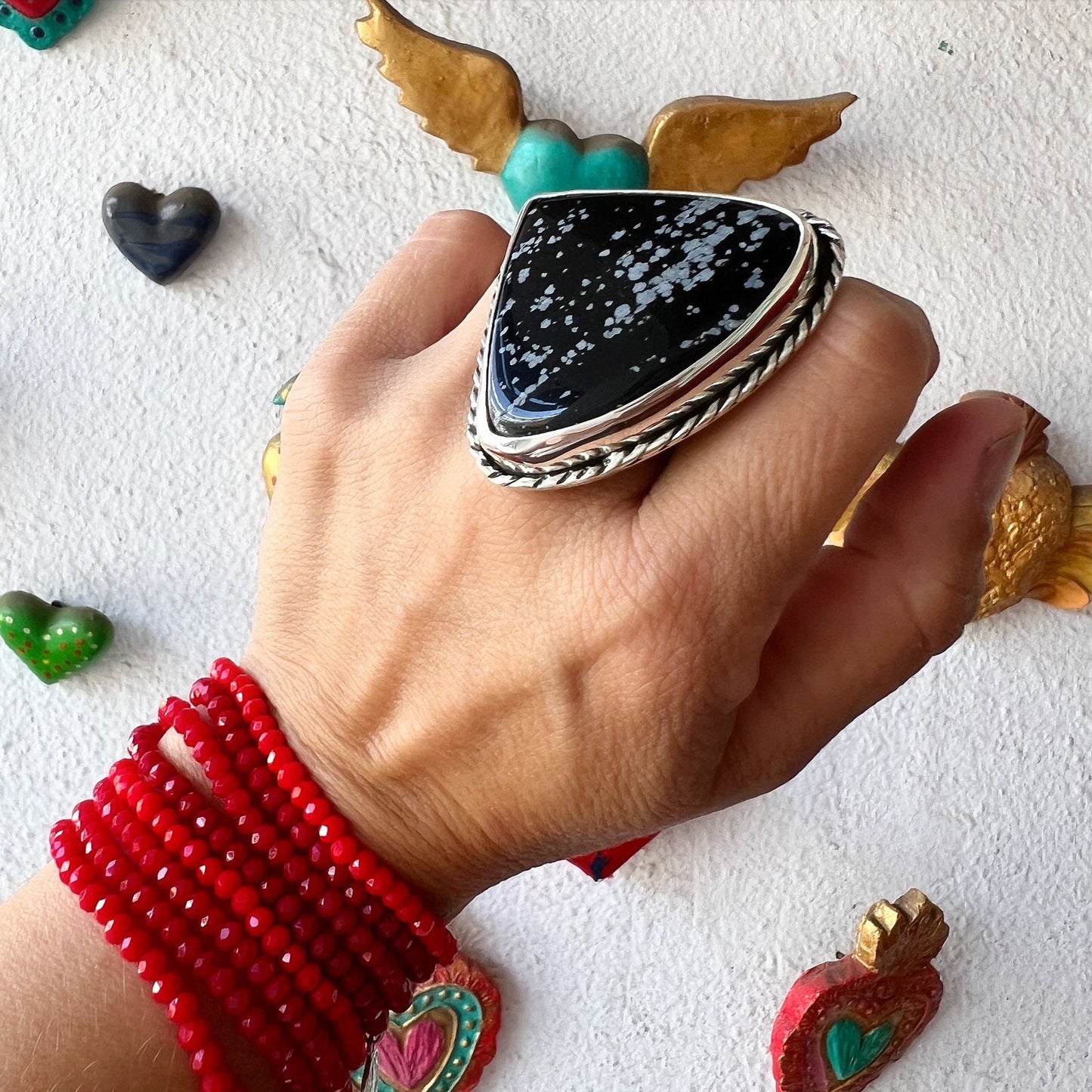 Anillo Maxi trenzado Obsidiana nevada